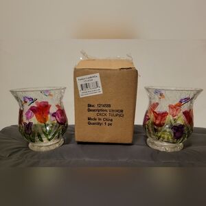 Yankee Votive Crackle Hurricane Tulip Candle Holders Set Of 2